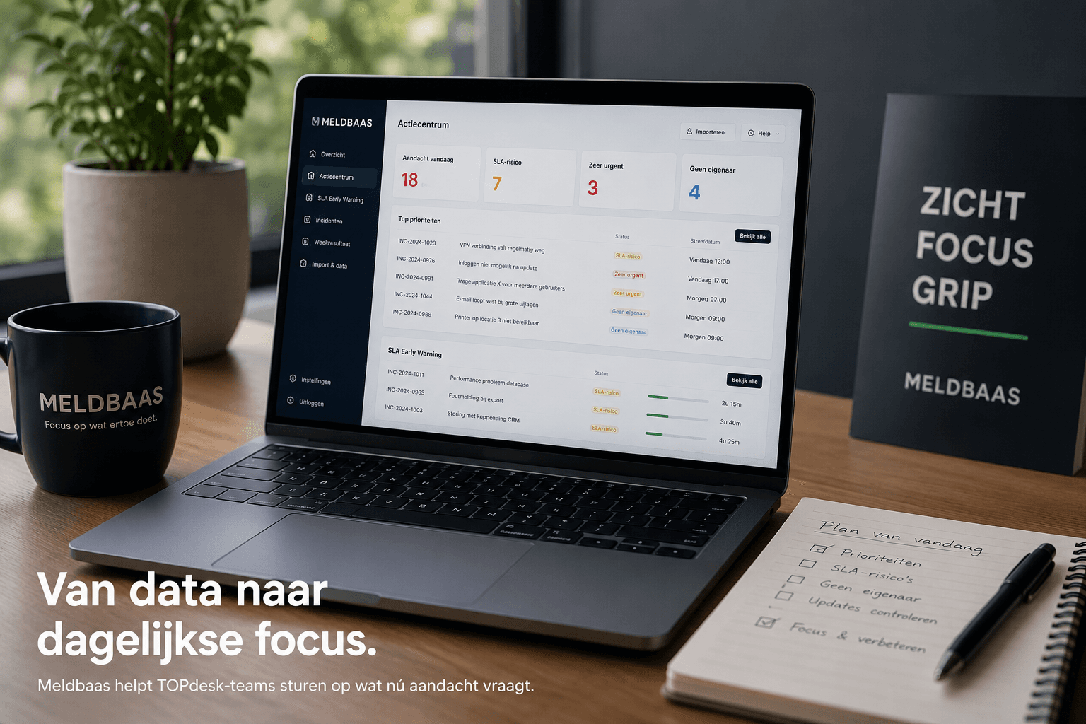 Meldbaas-cockpit met dagelijkse incidentfocus op een laptop